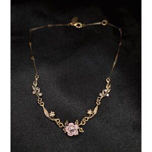 Vintage Michal Negrin Rose Floral Necklace With Swarovski Crystals & Antique Bra